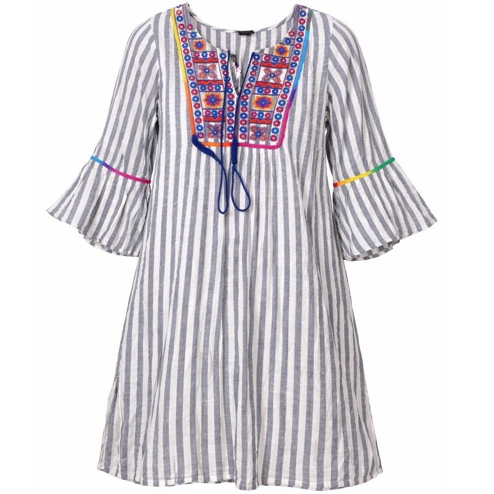 Spiaggia Dolce Navy White Striped Embroidered Tunic Top 1X Boho Bell Sleeve